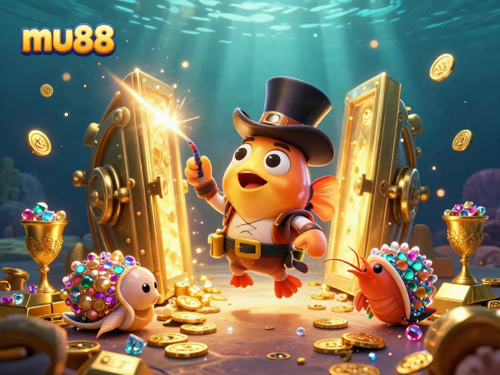 Experience thrilling gameplay with mu88's cartoon anglerfish attracting golden coins in a vibrant underwater scene.