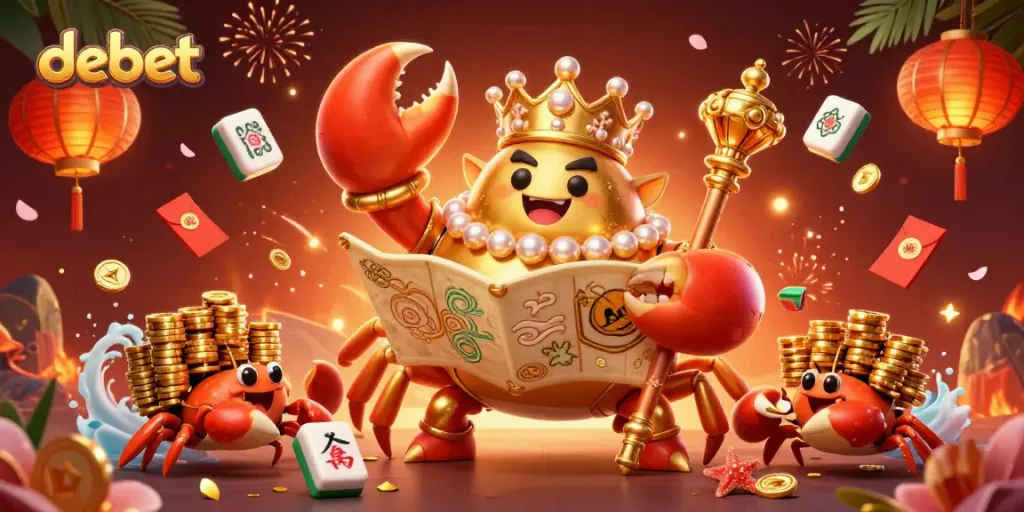 Experience exciting casino thrills with debet, featuring a golden crab emperor and floating game elements.