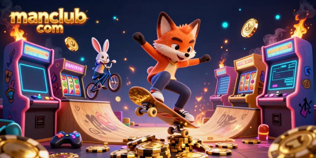 Engaging manclub com illustration of a cartoon fox performing tricks on golden poker chips amidst vibrant gaming elements.