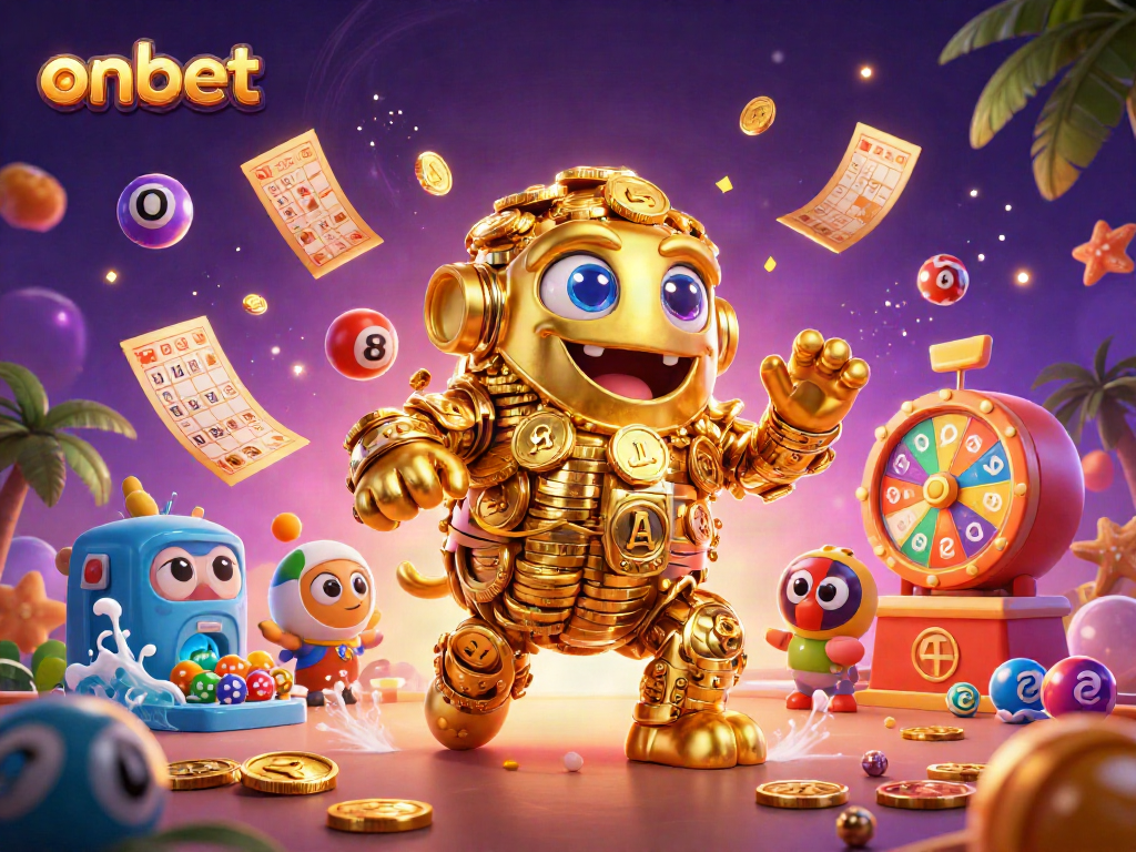 Spin winning slots with ONBET's magical golem surrounded by colorful lottery elements.