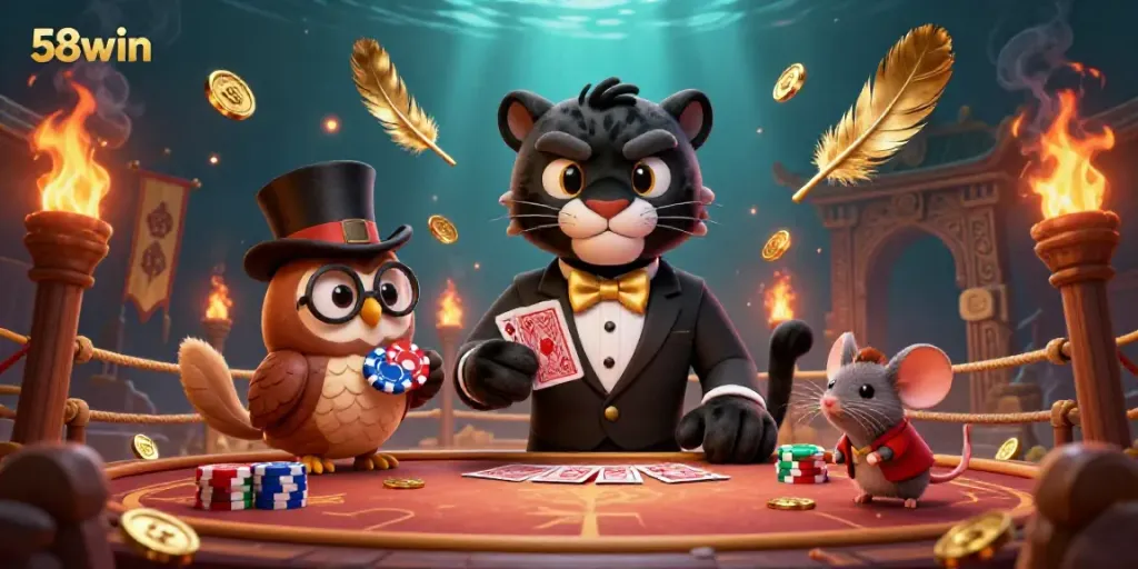 Join the playful action at 58win with a black panther dealer and friends showcasing thrilling poker elements.