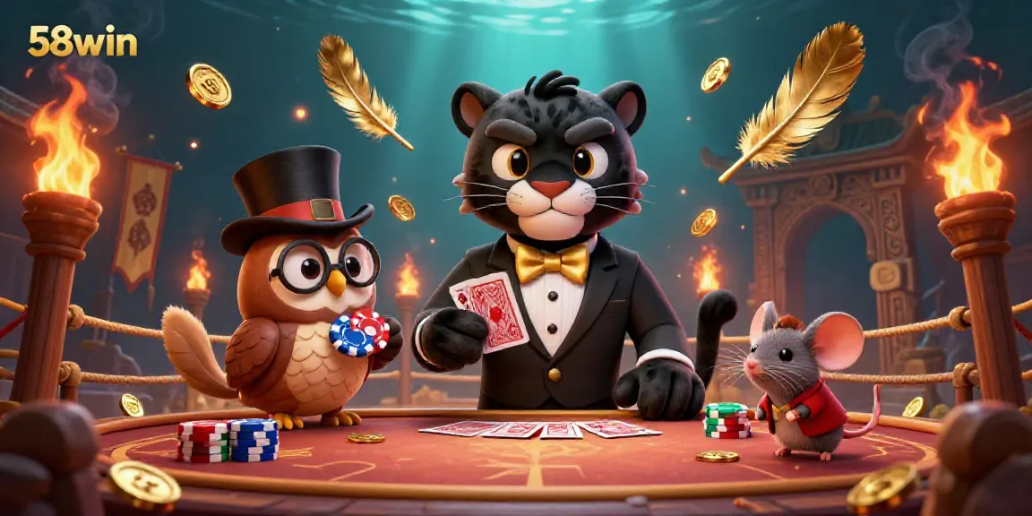 Join the playful action at 58win with a black panther dealer and friends showcasing thrilling poker elements.