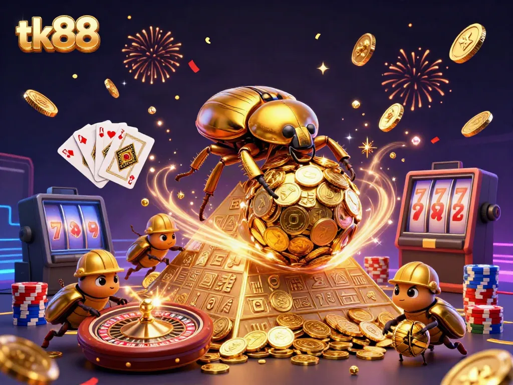 Experience the excitement of tk88 with cartoon beetles and casino elements in a vibrant 3D illustration.