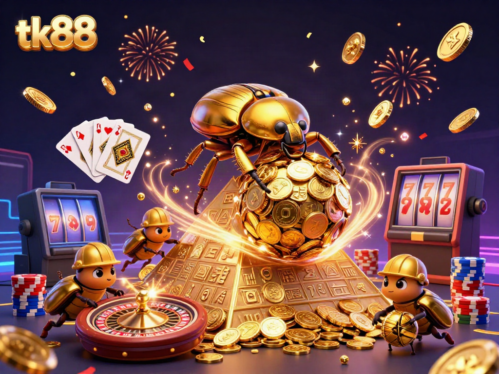 Experience the excitement of tk88 with cartoon beetles and casino elements in a vibrant 3D illustration.