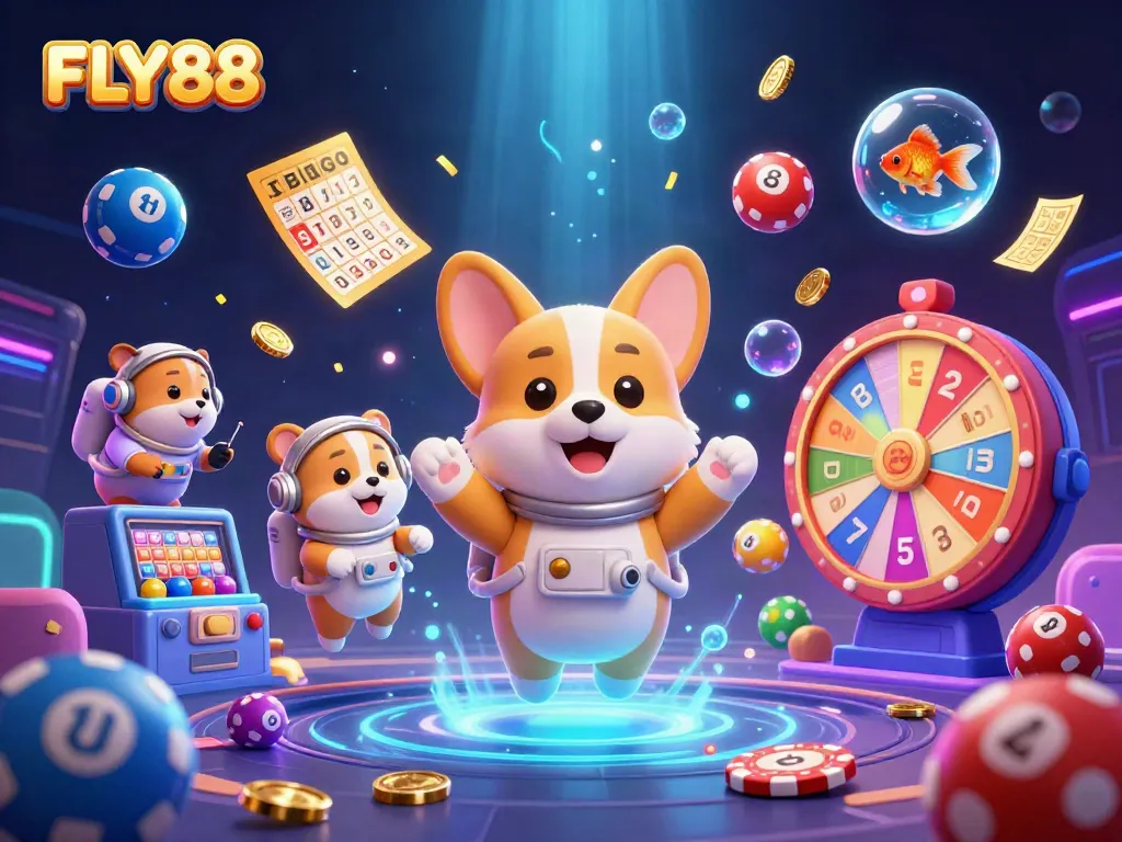 Experience thrilling gaming excitement with FLY88 illustrated in a vibrant, dynamic casino ambiance.