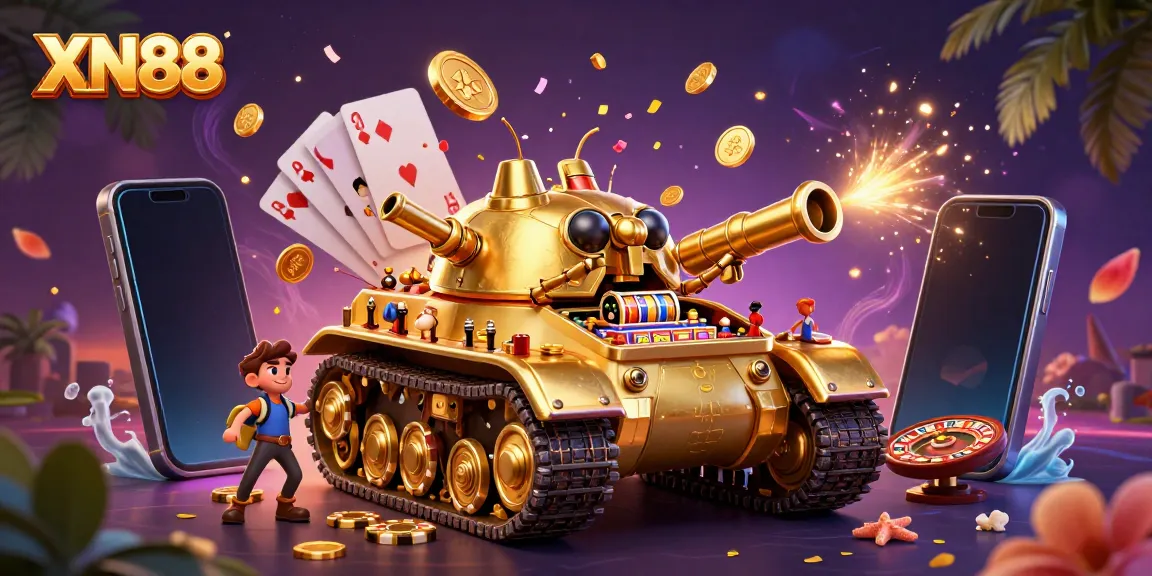 Experience the thrilling XN88 casino adventure with a vibrant 3D golden beetle tank filled with joy.