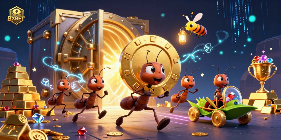 Experience the dynamic thrill of 8XBET with a lively heist scene featuring ants and a grasshopper in casino-themed adventure.