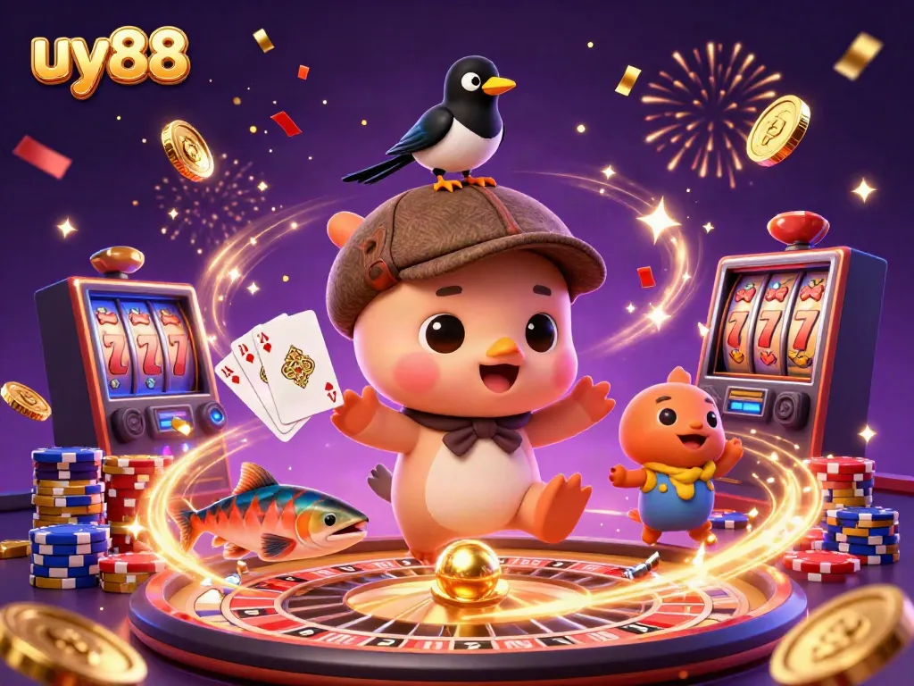 Experience the excitement of uy88 as golden coins cascade and characters celebrate in a vibrant casino scene.