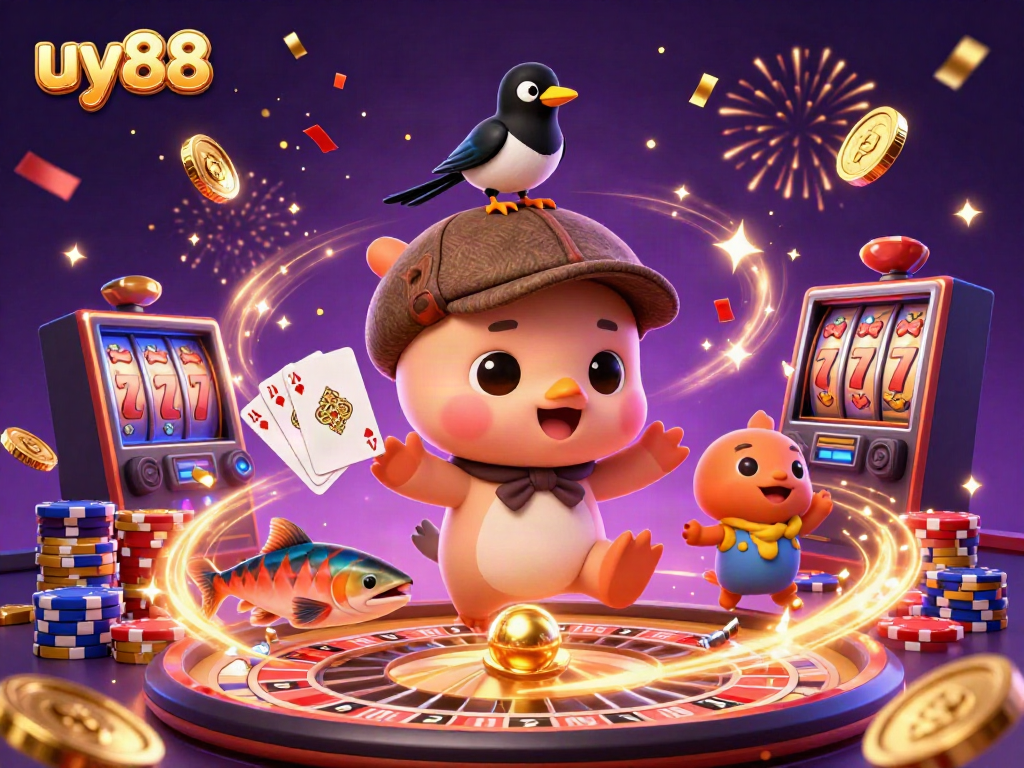 Experience the excitement of uy88 as golden coins cascade and characters celebrate in a vibrant casino scene.