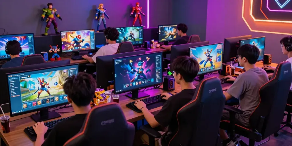 Gaming enthusiasts exploring diverse games on a vibrant digital platform kilat 404.