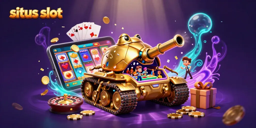 Engage with situs slot excitement through a vibrant casino scene filled with confetti, coins, and dynamic game elements.