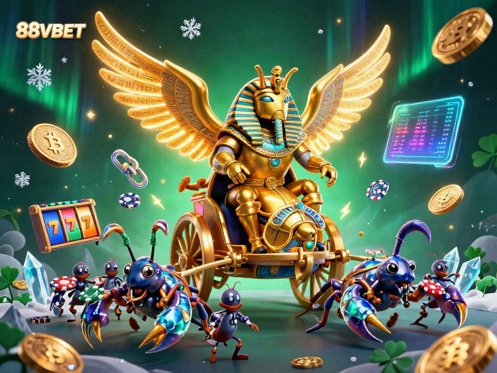 Experience thrilling gaming with 88VBET in a dynamic casino scene featuring golden scarabs and Bitcoin elements.