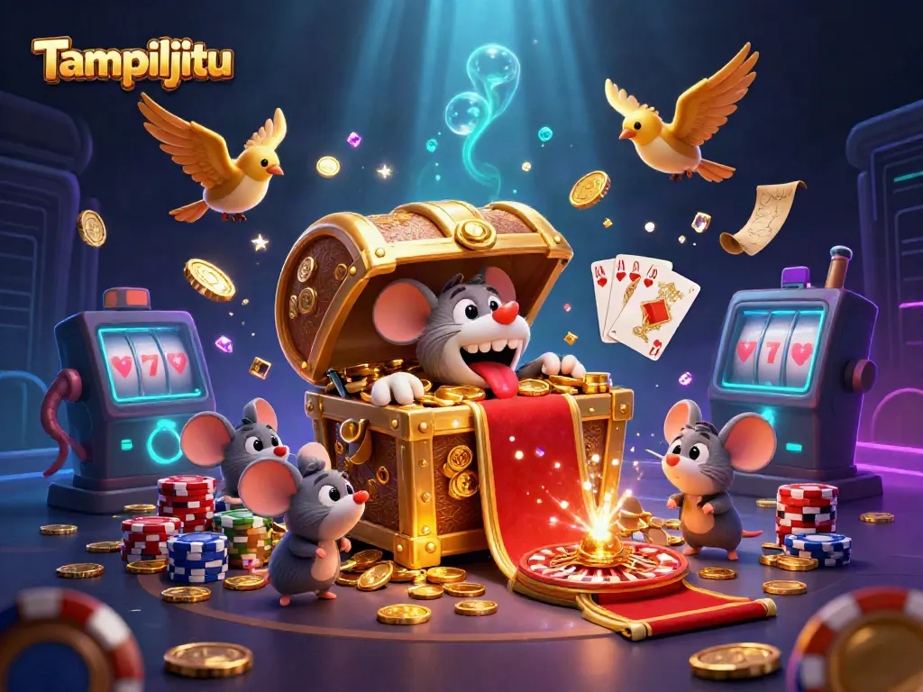Experience the excitement of Tampiljitu with adventurer mice and golden treasures in an action-packed casino scene.
