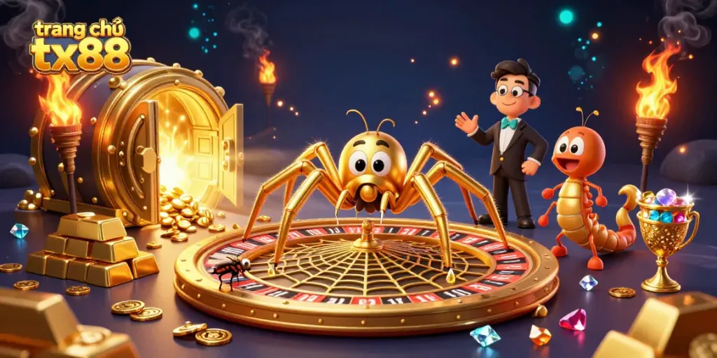 Experience thrilling bets at trang chủ tx88 with a vibrant 3D casino scene featuring spinning representation of chance.