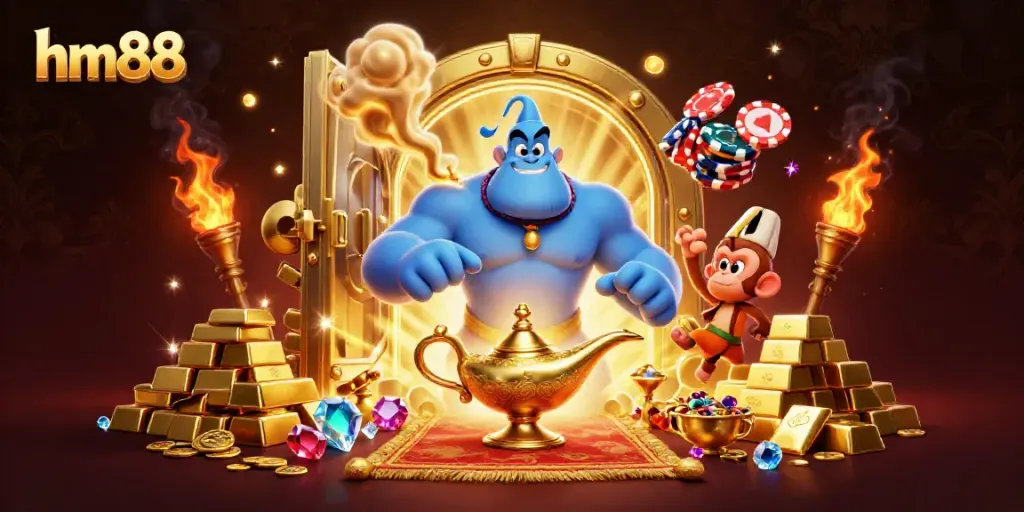 Experience the magic of hm88 with a Genie and monkey amidst riches, creating a vibrant casino atmosphere.