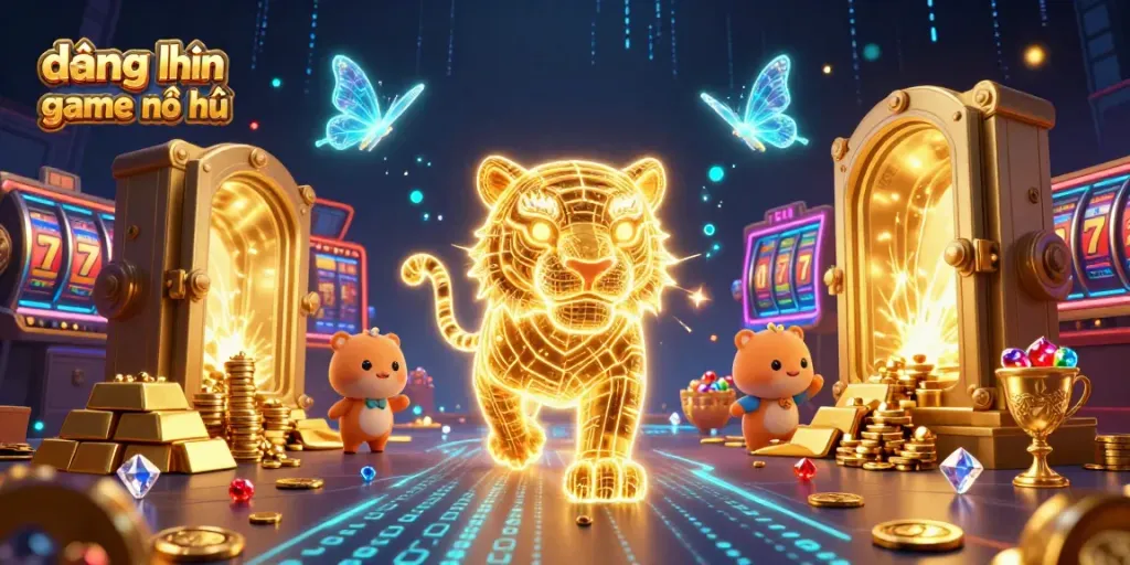 Experience the thrill of đăng nhập game nổ hũ in a vibrant digital casino with golden treasures and a neon-light tiger.