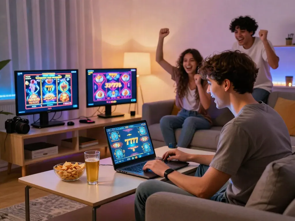 Engaged player enjoying slot777 games on a laptop in a vibrant living room.