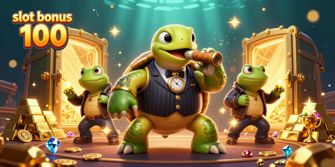 Join the excitement of slot bonus 100 with a vibrant thrill scene, where a mobster turtle leads the charge.