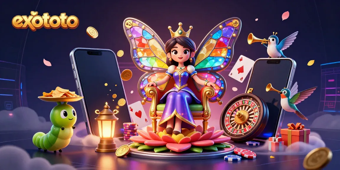 Permainan togel 4D di EXOTOTO dengan ilustrasi ratu kupu-kupu dan chip emas.