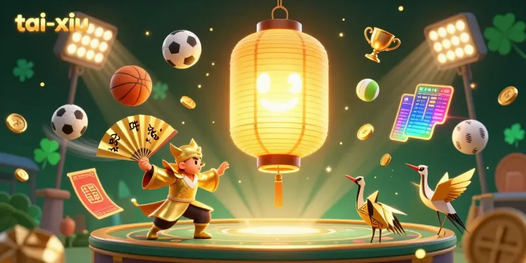 Experience the thrill of tai-xiu with a glowing lantern spirit and dynamic gaming elements in this 3D casino scene.