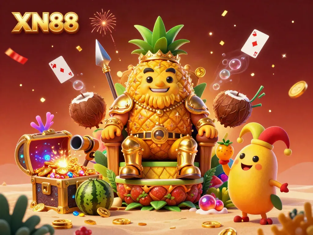 XN88 showcases a dynamic casino scene with a pineapple king and colorful jester juggling, celebrating with confetti and treasure.