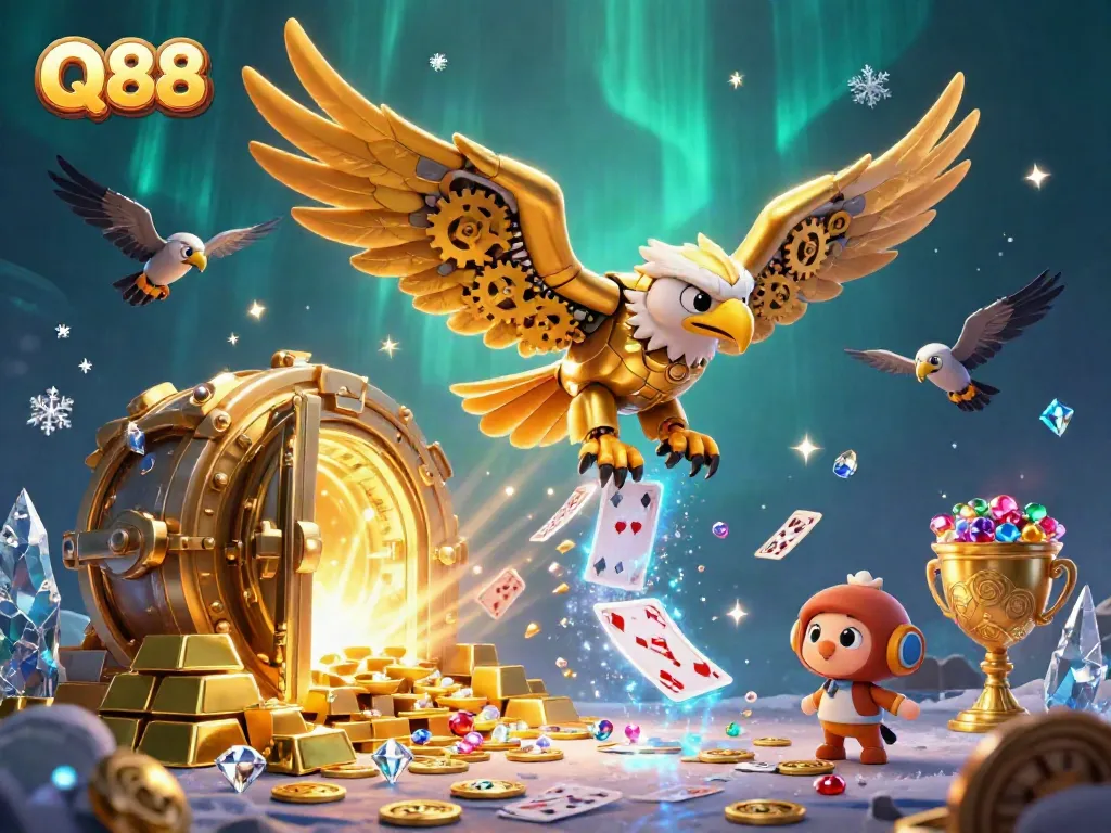 Experience Q88's thrilling online casino with golden treasures, diving eagle, and dynamic game elements.