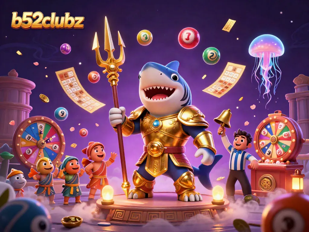 Experience immersive gaming at b52clubz with a dramatic scene featuring a fierce shark in gladiator armor.