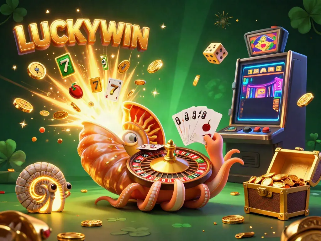 Experience the excitement of LUCKYWIN in a vibrant casino scene with 3D characters and jackpot elements.
