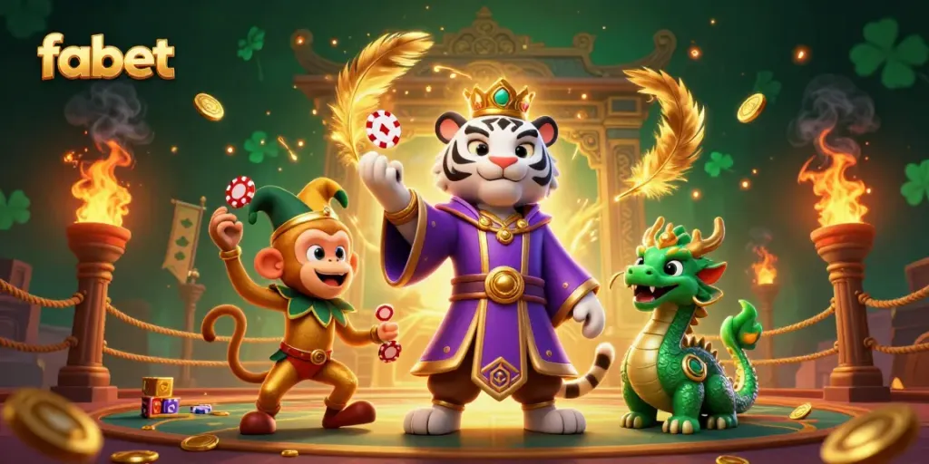 Experience the thrill of fabet with an elegant tiger and a monkey amidst casino elements.