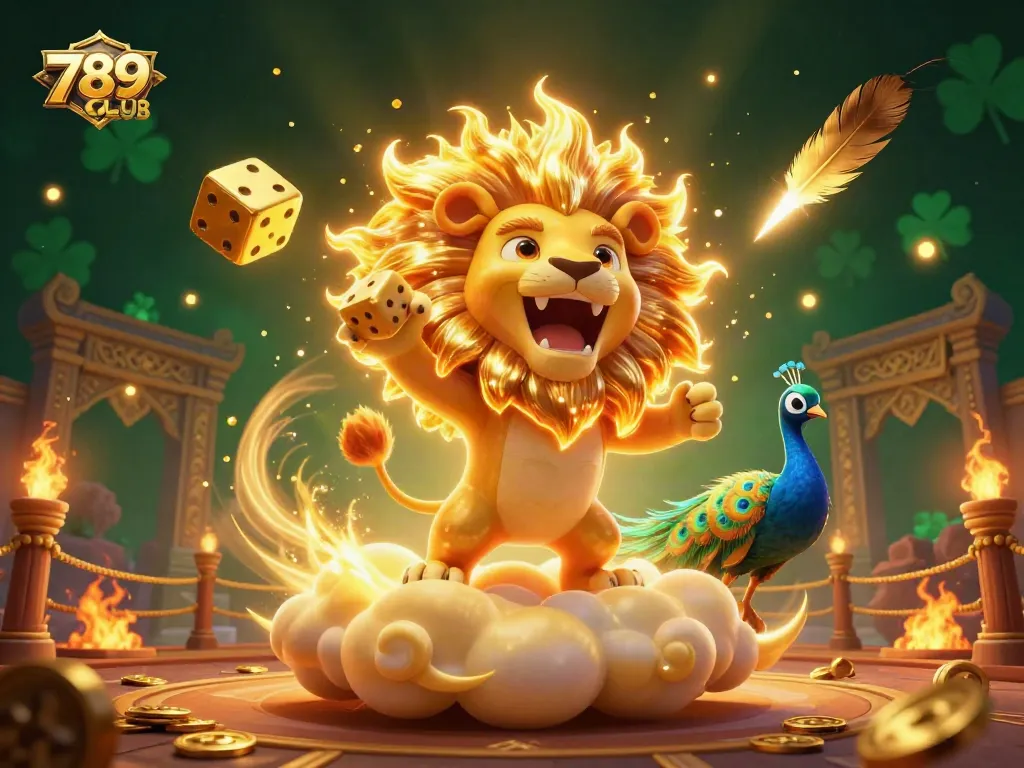 Engage in thrilling action with 789CLUB as a roaring sun lion and golden dice spin a world of excitement.