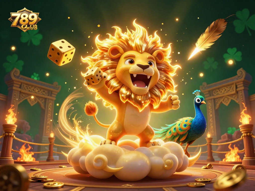 Engage in thrilling action with 789CLUB as a roaring sun lion and golden dice spin a world of excitement.