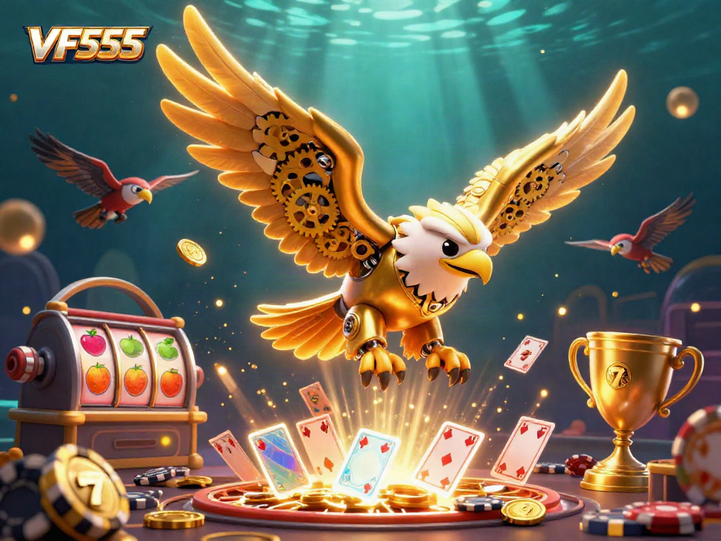 Experience gaming action with VF555 in a vibrant 3D casino scene filled with slot reels and golden trophies.