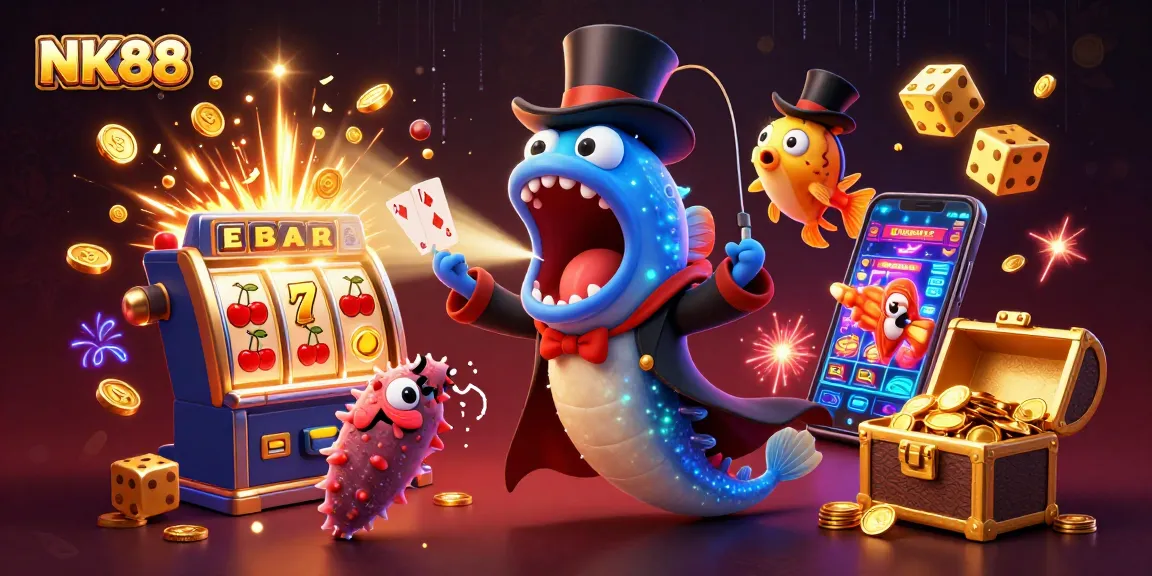 Win big at NK88 with vibrant casino scene featuring animated characters and dynamic game elements.