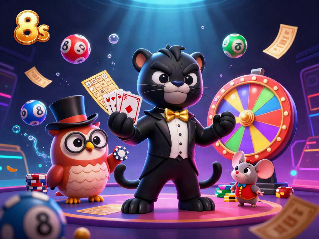 Experience the excitement of 8s as a stylish panther deals cards in a vibrant casino scene.