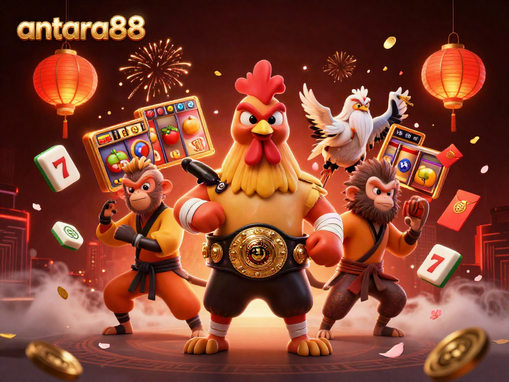 Experience the excitement of slots at antara88 with 3D characters and vibrant casino elements.