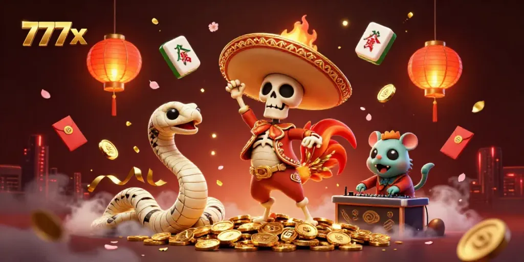 Experience vibrant gaming action with 777x, featuring festive characters celebrating on a gold coin pile.