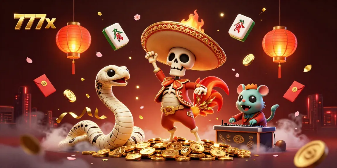 Experience vibrant gaming action with 777x, featuring festive characters celebrating on a gold coin pile.