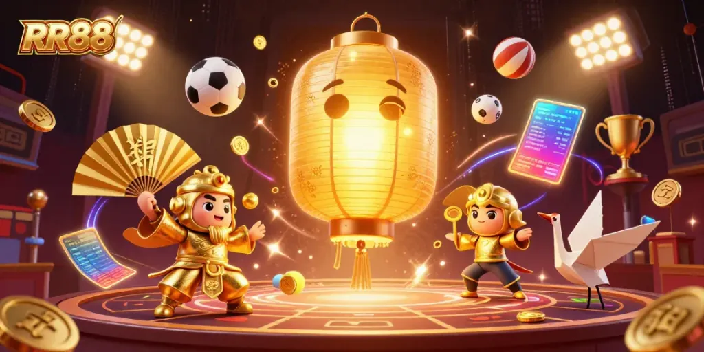 Engage with the exciting world of RR88, highlighted by dynamic sports betting elements and vibrant characters.