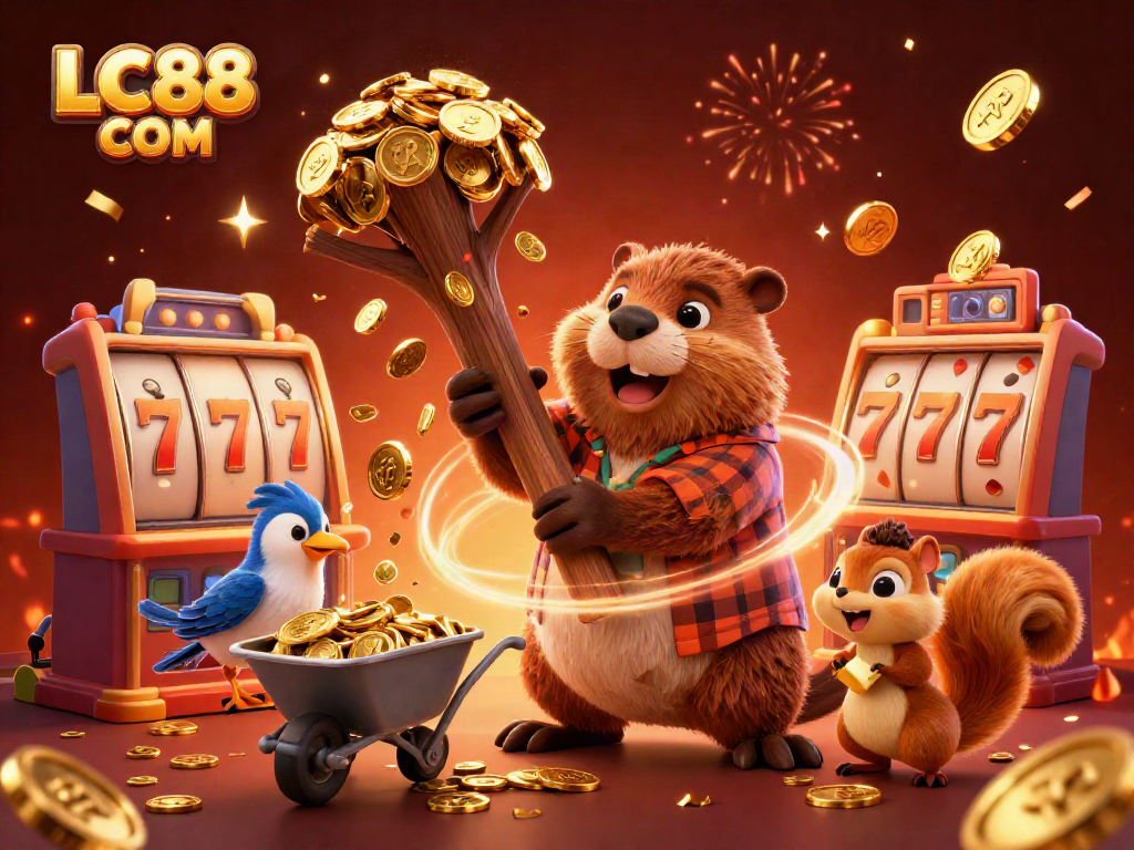 Engage with thrilling slot action at LC88 COM, featuring cartoon characters amid a vibrant casino scene.