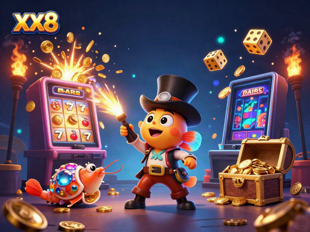 Win big with XX8's thrilling casino illustration showcasing vibrant characters and gameplay elements.