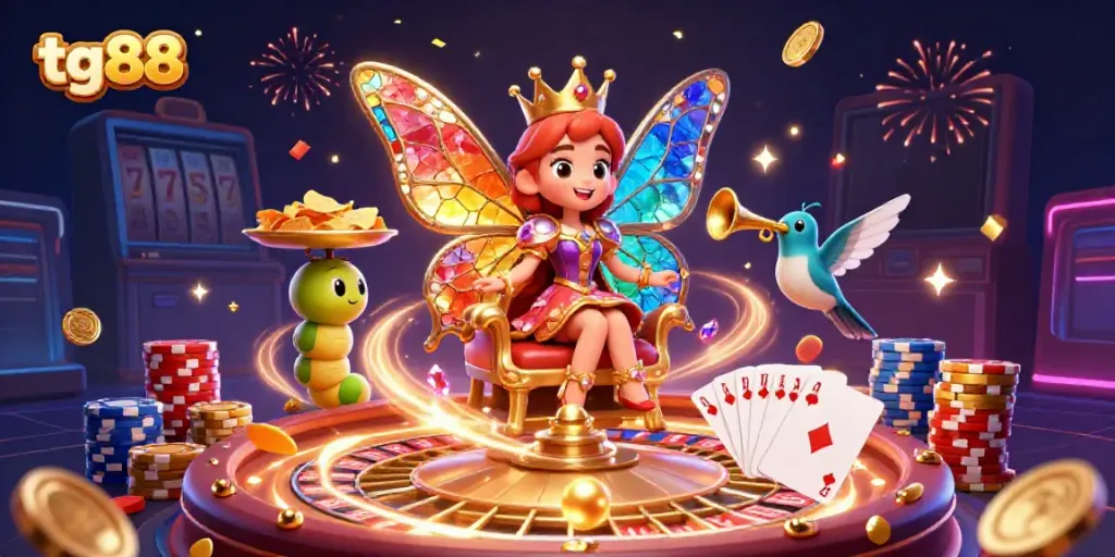 Experience the excitement of tg88 with a vibrant 3D casino scene showcasing games, luxury, and winnings.