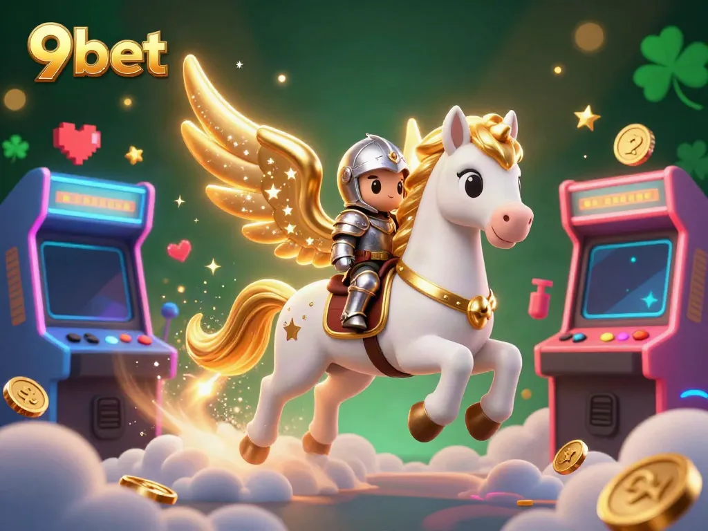 Experience the thrill of 9bet with gamers meeting a celestial horse in vibrant 3D casino illustration.