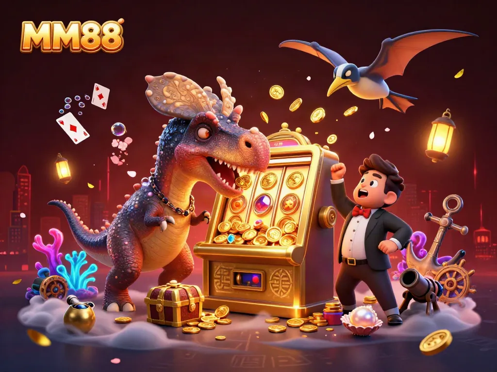MM88 slots scene with a pachycephalosaurus celebrating jackpot wins amidst cascading coins.