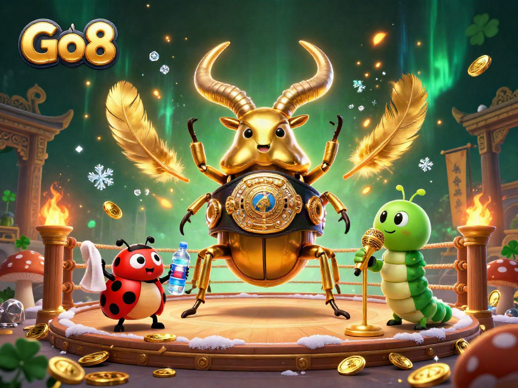 Engage in high-stakes gaming action with Go8, featuring a boxing stag beetle champion in a casino arena.