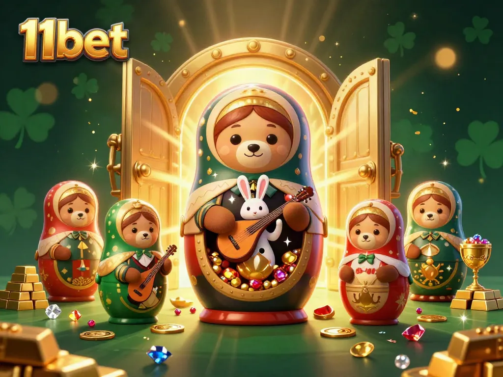 Experience the excitement of 11bet casino games with colorful 3D characters amidst treasures and jewels.