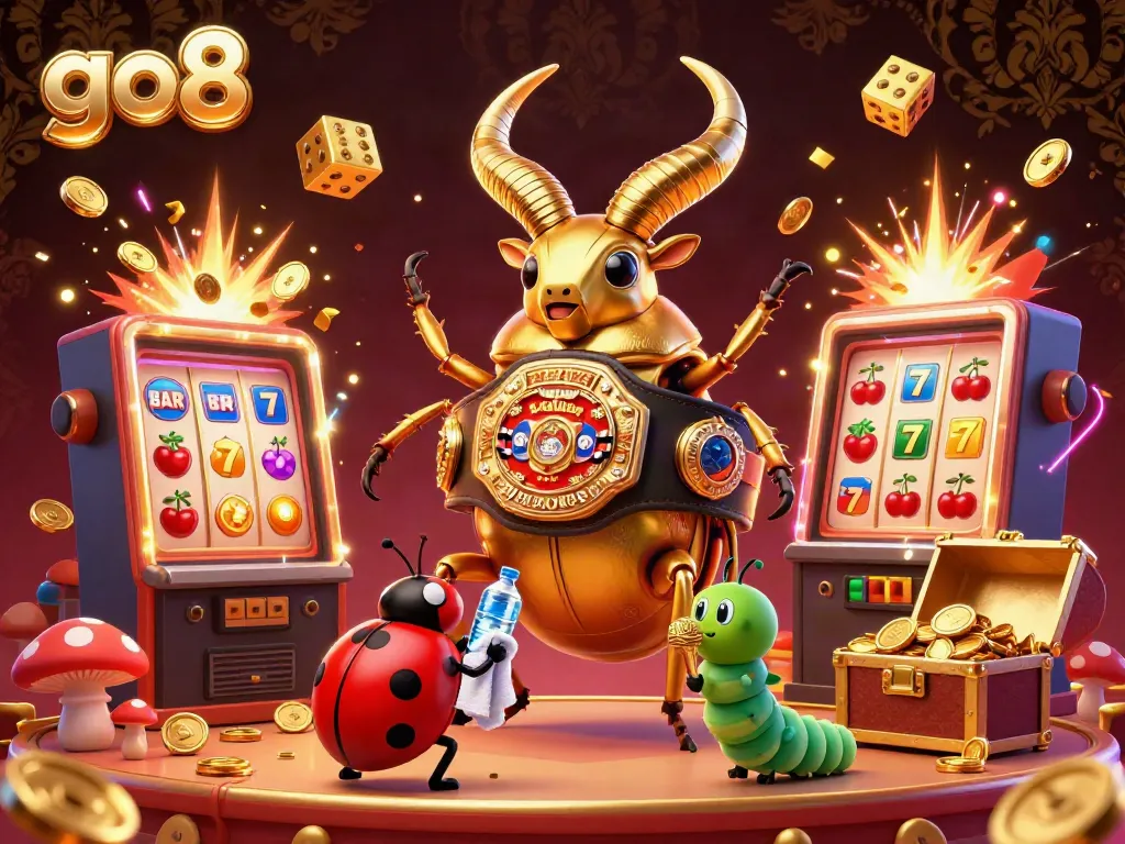 Experience go8's vibrant casino atmosphere with a golden stag beetle champion and dynamic jackpot symbols.