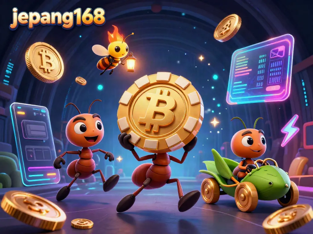Experience the excitement of jepang168 with cartoon ants on a thrilling heist amidst glowing crypto elements.