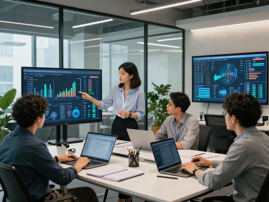 Dynamic business technology scene at ISTANA404 showcasing data analysis and collaboration.