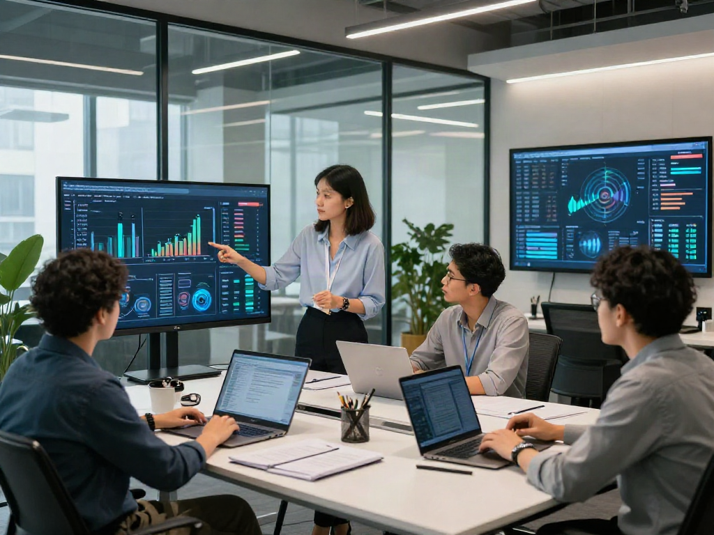 Dynamic business technology scene at ISTANA404 showcasing data analysis and collaboration.