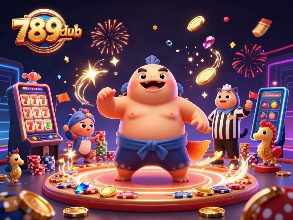 Exciting 789club gaming scene featuring a fugu in a sumo belt amidst cascading coins and jackpots.